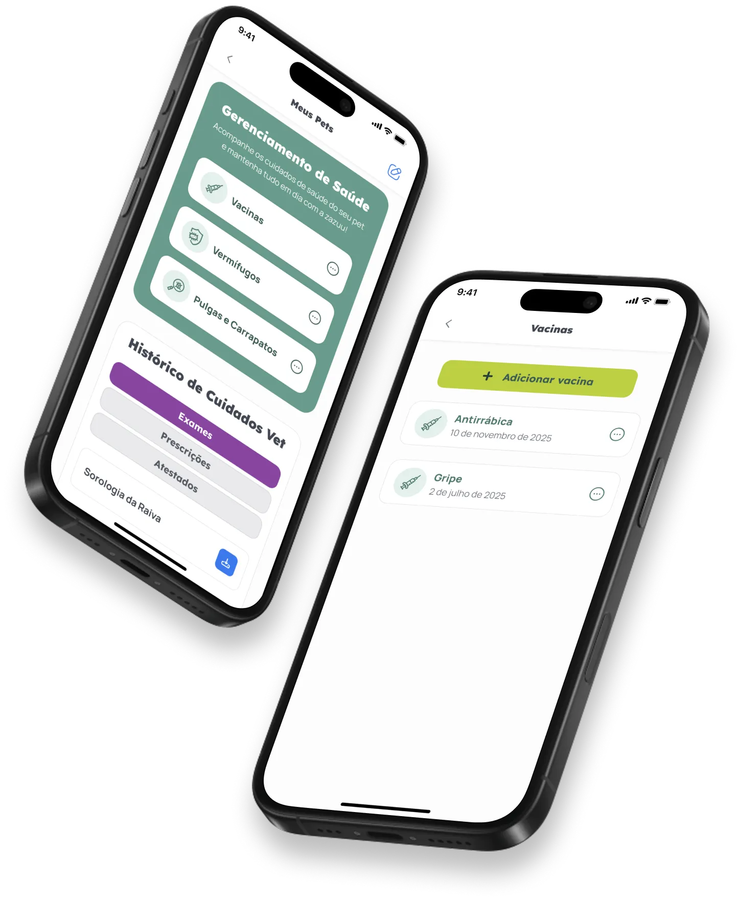 Telas do app da zazuu com o histórico de saúde do pet