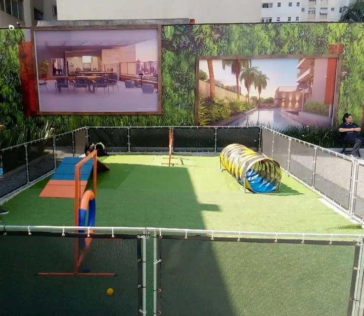 Pista de agility montada em área externa com obstáculos coloridos