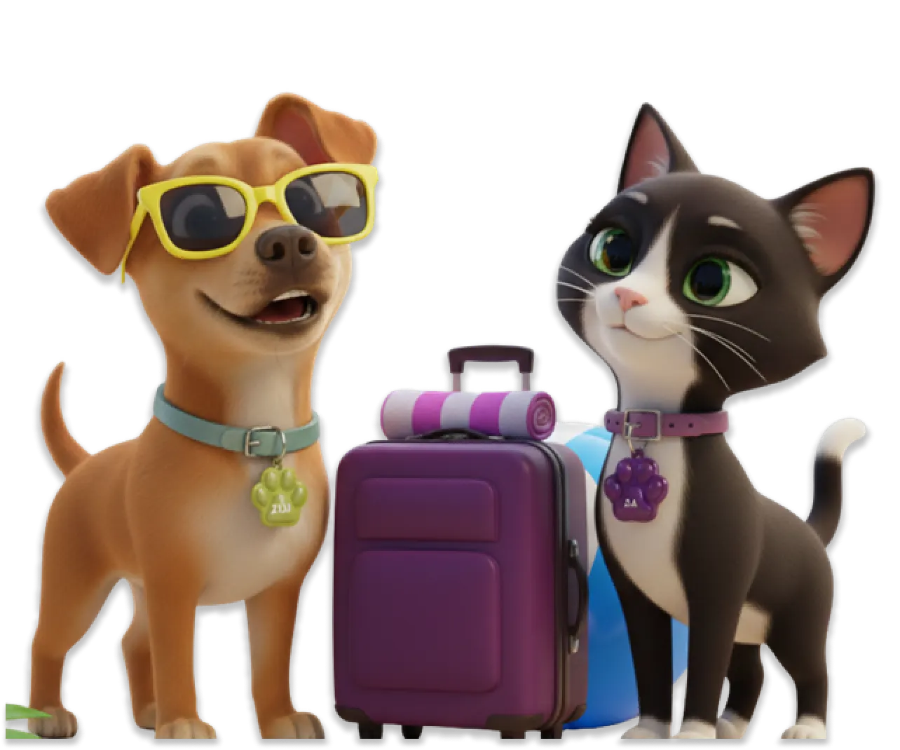 Cachorro e gato preparados para viagem com mala