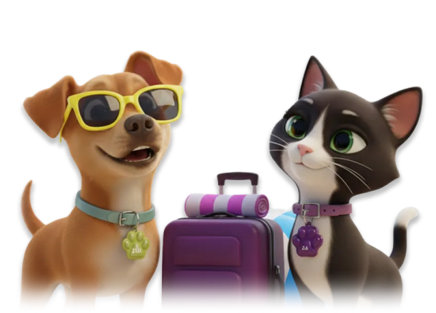 Cachorro e gato preparados para viagem com mala